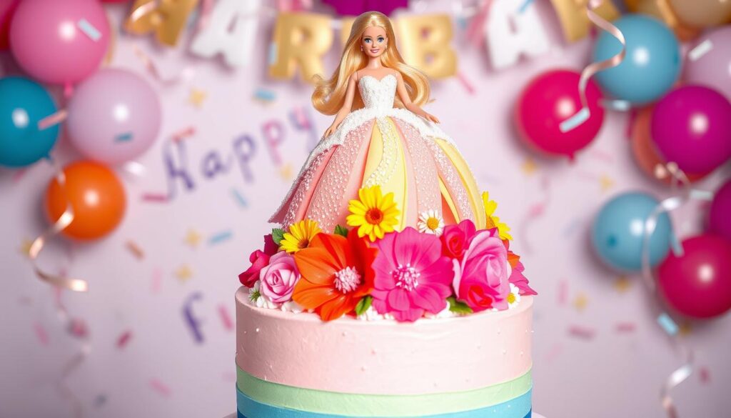 A colorful Barbie Cake Recipe decorated with pink frosting, edible glitter, and a Barbie doll figurine at the center.