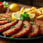 A crispy, golden-brown beef milanesa served with fresh lemon wedges, a side of mashed potatoes, and a crisp green salad on a white plate.